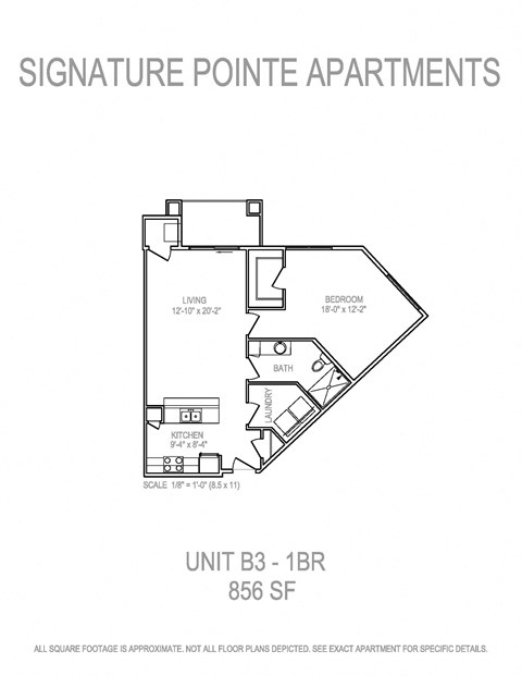 Floor plan for 1 bed, 1 bath, 856 sqft